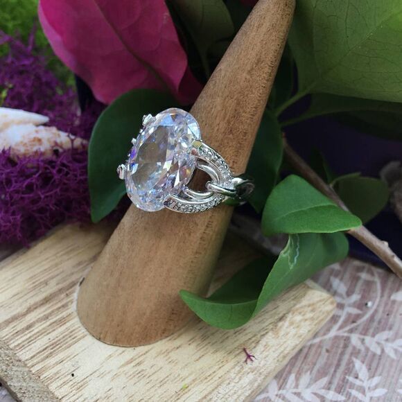 Large Cz Brass Rhodium Cocktail Ring - Picture 2 of 7